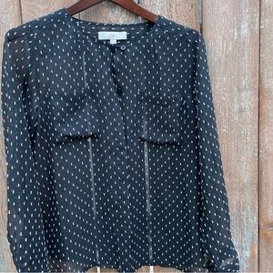 ANN TAYLOR LOFT Women’s Black White Boat Neck Button Down Shirt Medium Petite